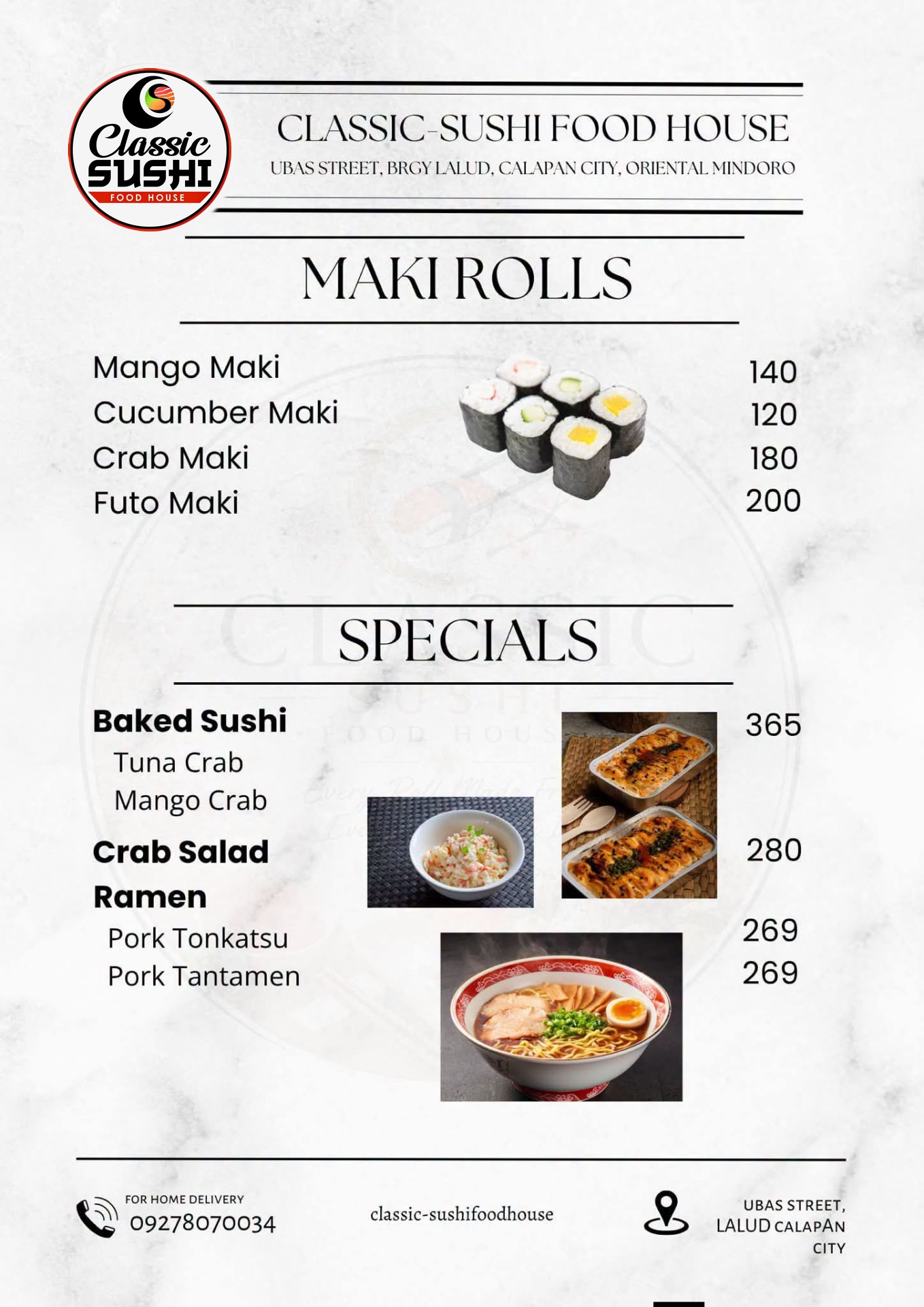 Classic Sushi menu for maki rolls, baked sushi, crab salad and ramen