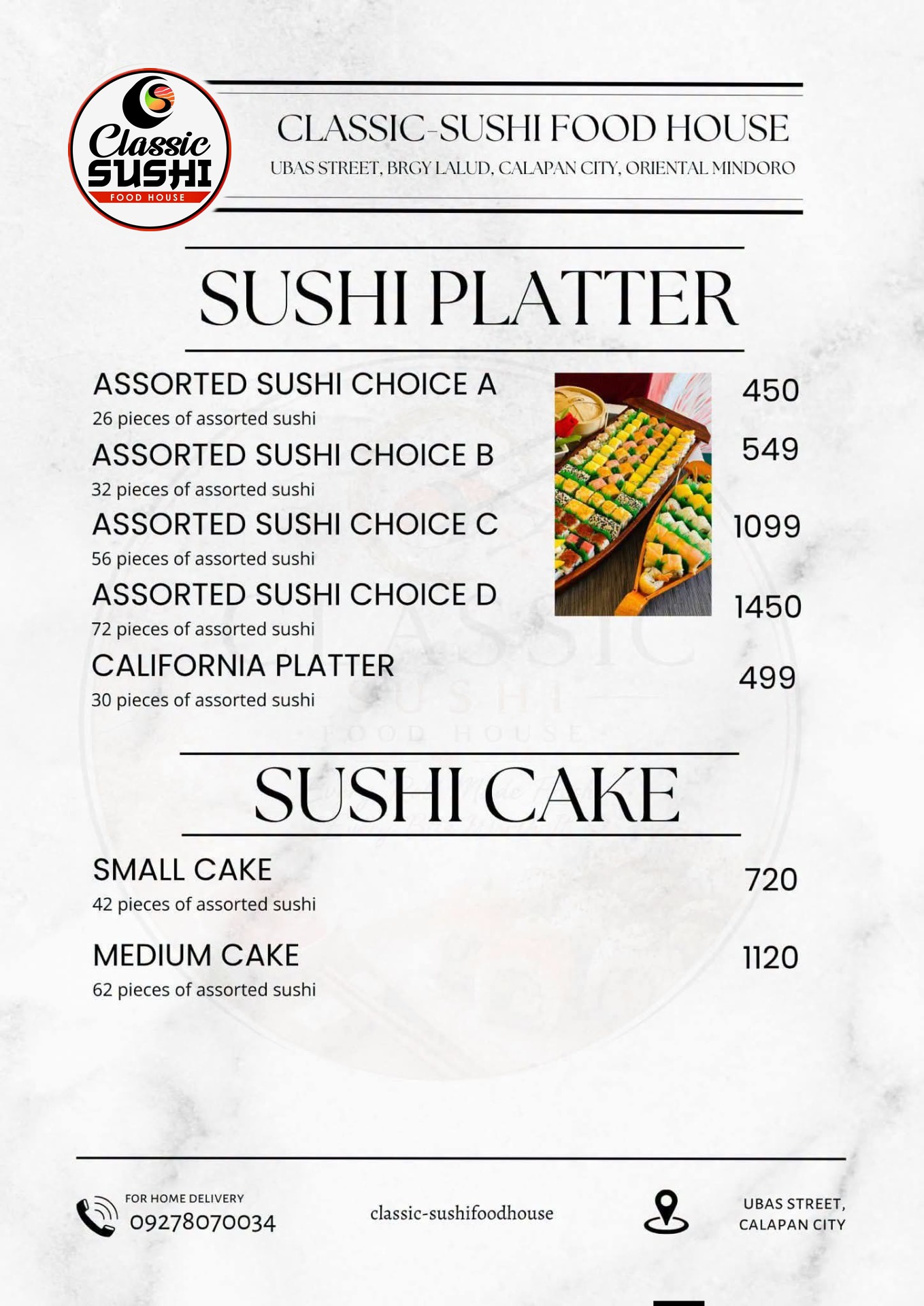 Classic Sushi menu for assorted sushi platters and sushi cakes