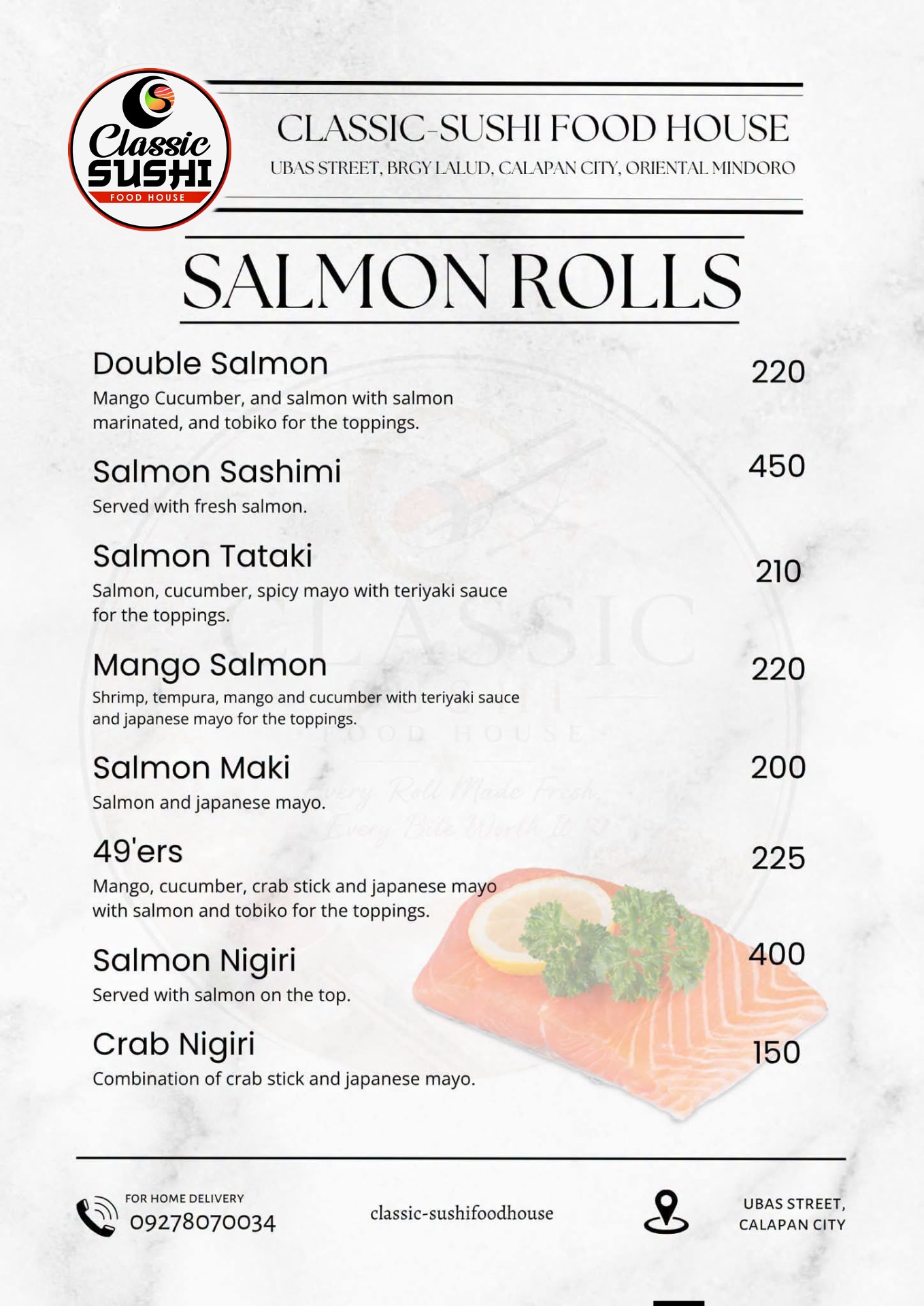 Classic Sushi menu for salmon rolls, sashimi and nigiri