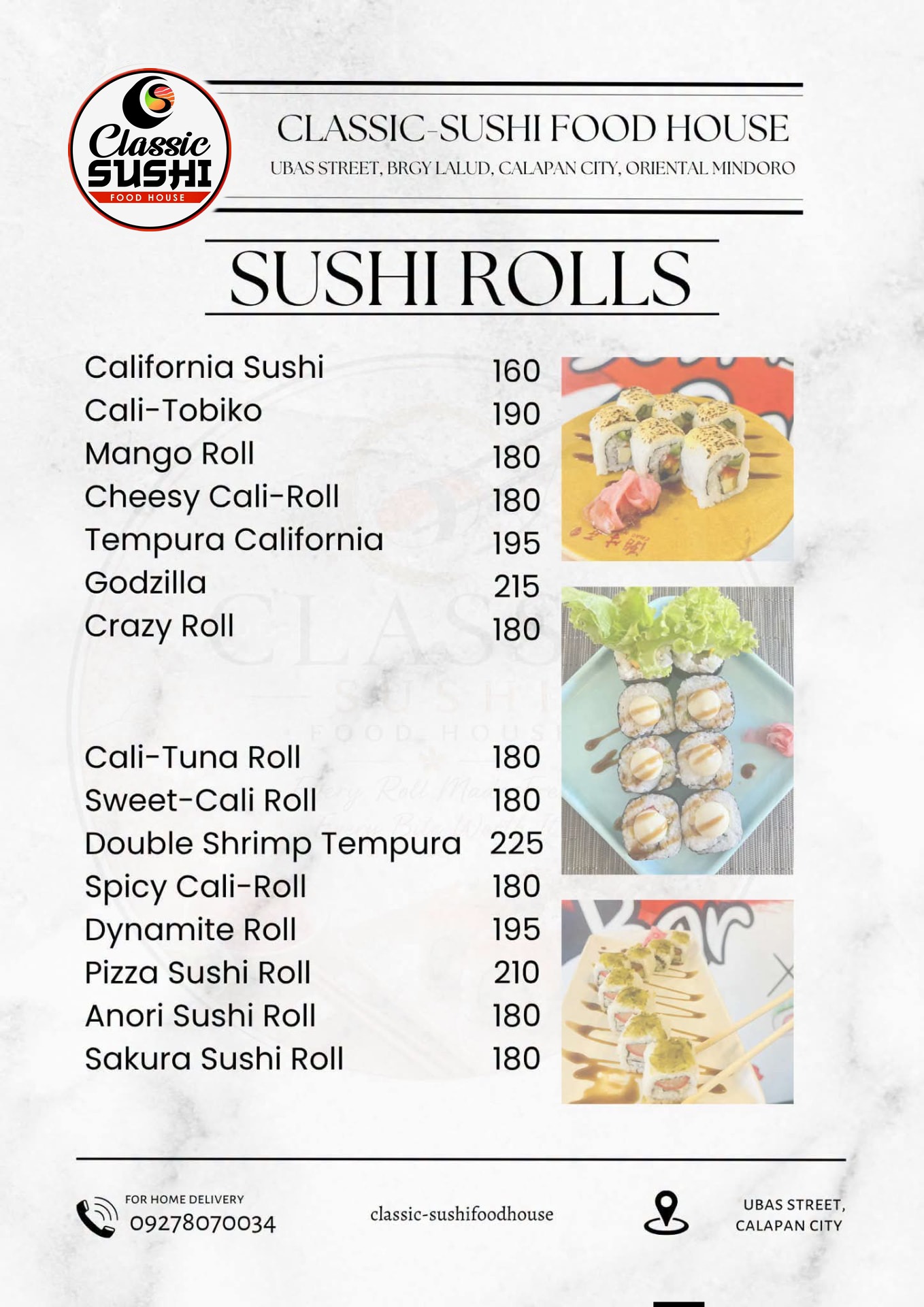 Classic Sushi menu for California and specialty sushi rolls